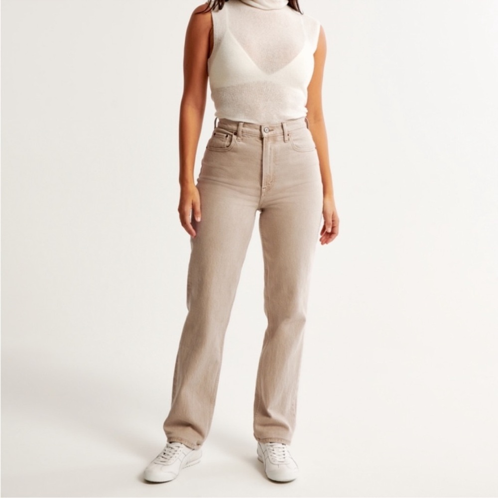 A&F 90s straight ultra high rise curve love cream white denim jeans waist